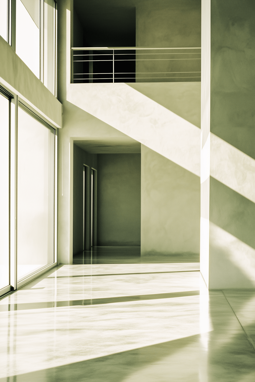 Daylight raking across the plaster wall of a double-height studio atrium